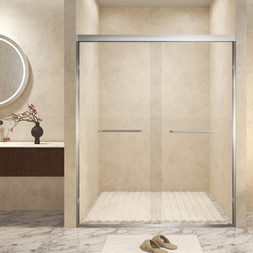 56-60in x 72in Aluminum Frame Double Sliding Shower Door, Brushed Nickel, 6mm