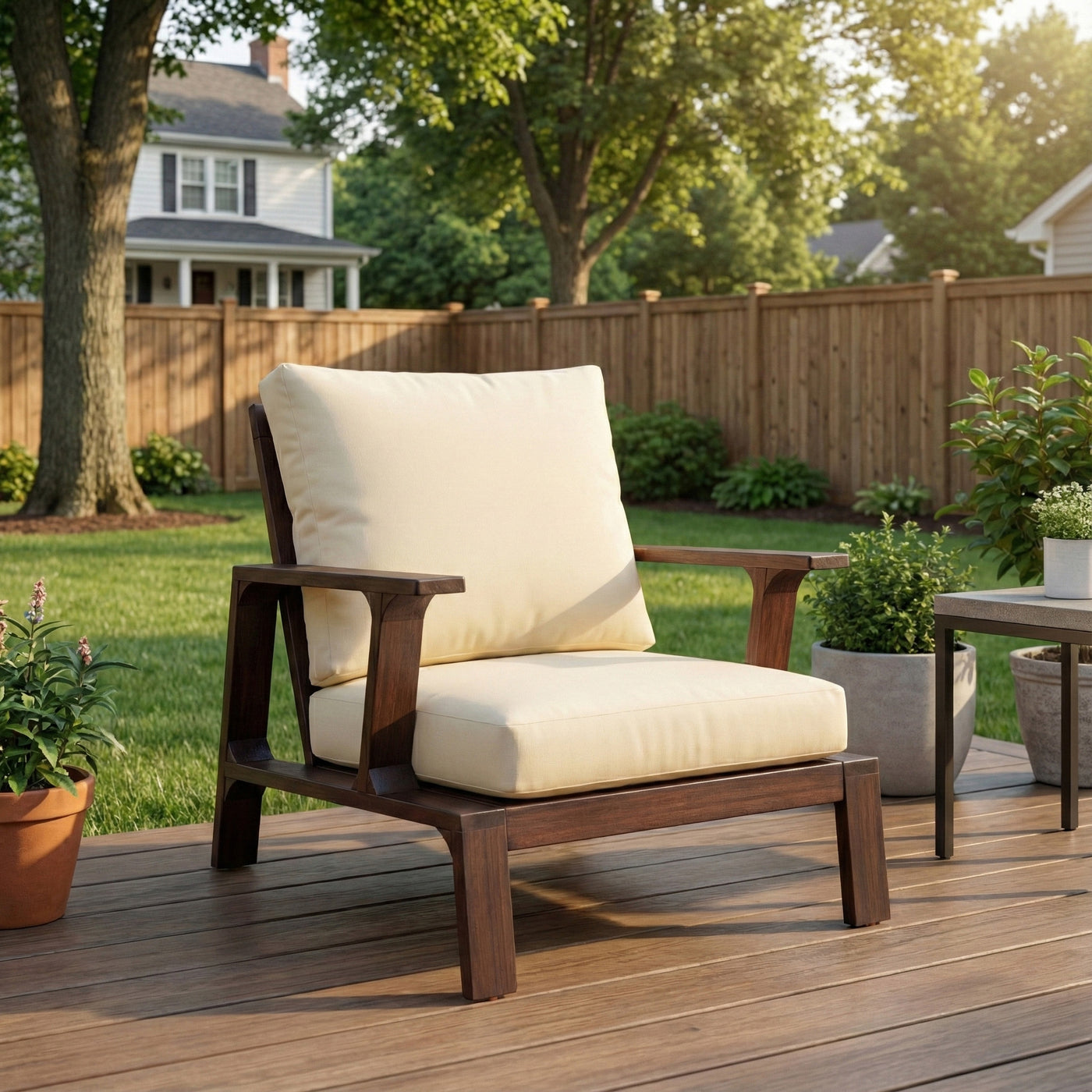 Outdoor Accent Chair Acacia Wood Dark Brown Beige Cushion 27.6in