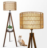 Boho Tripod Floor Lamp with Rattan Shades & Shelves