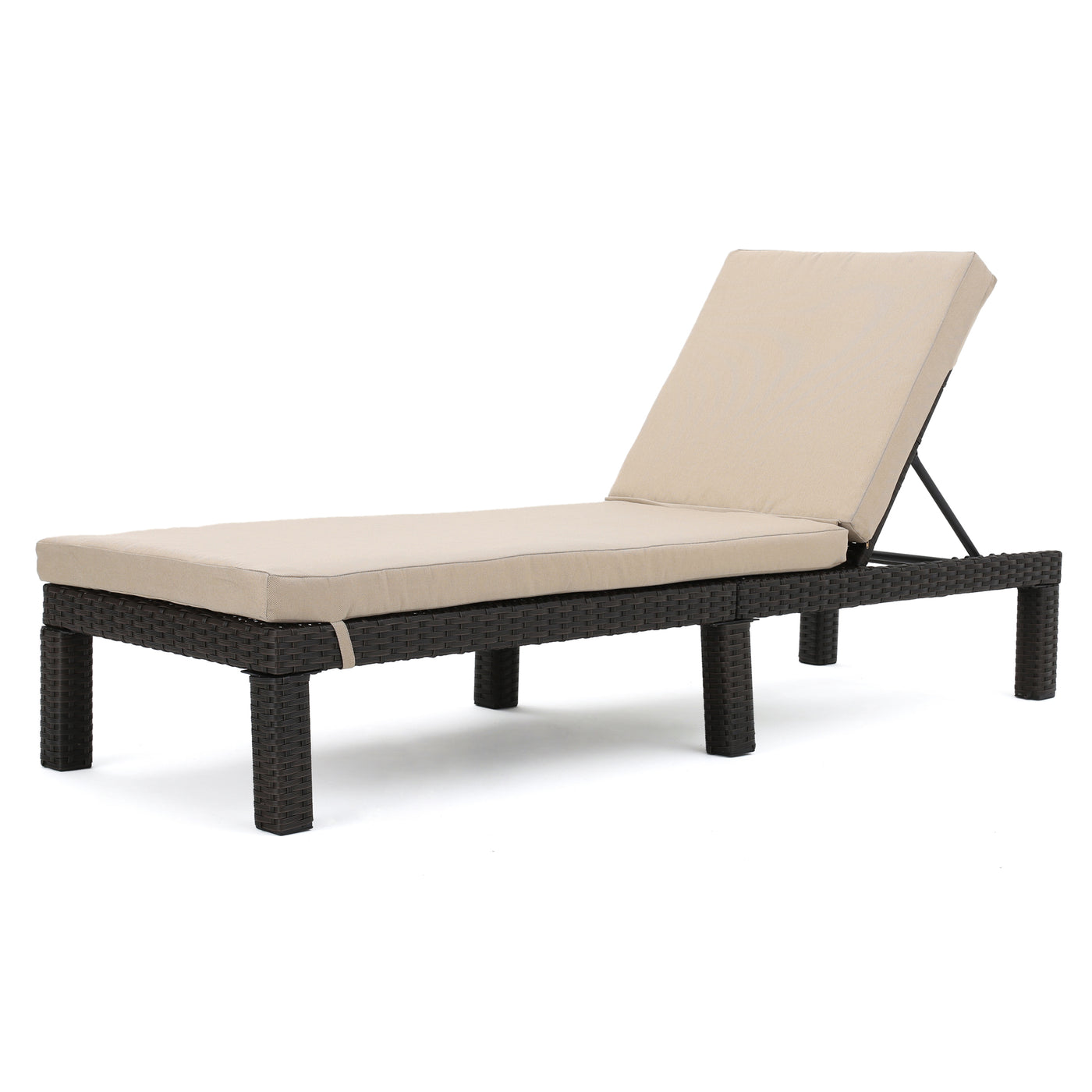PUERTA KD Chaise Lounge Dark Brown Frame Beige Cushion Outdoor Wicker PE Rattan Iron