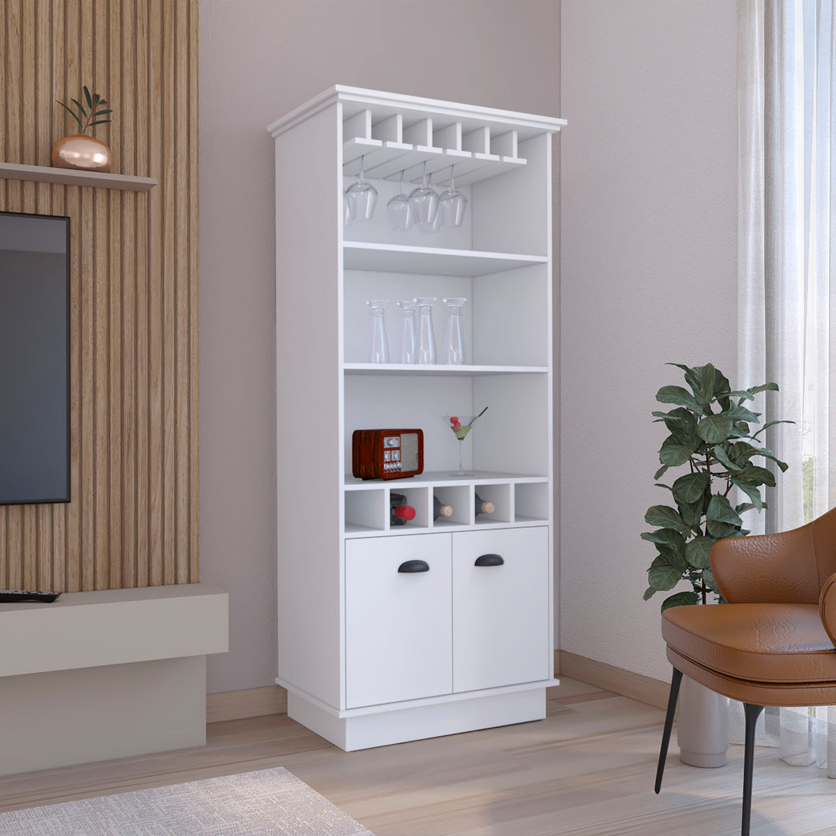 70"H Bar Cabinet with Wine Rack, Upper Glass Cabinet