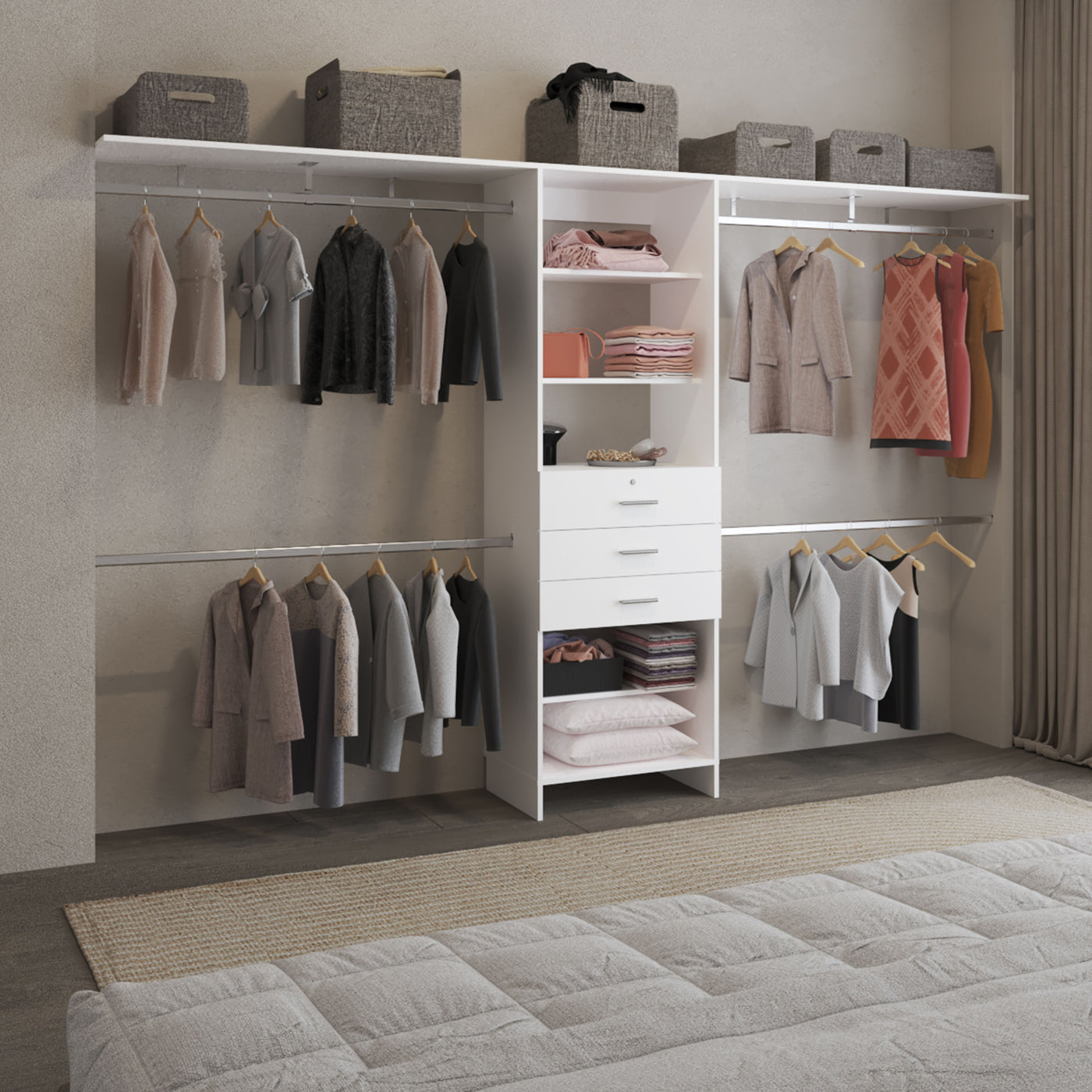 White Closet System Drawers Shelves Hanging Rods 69-118W