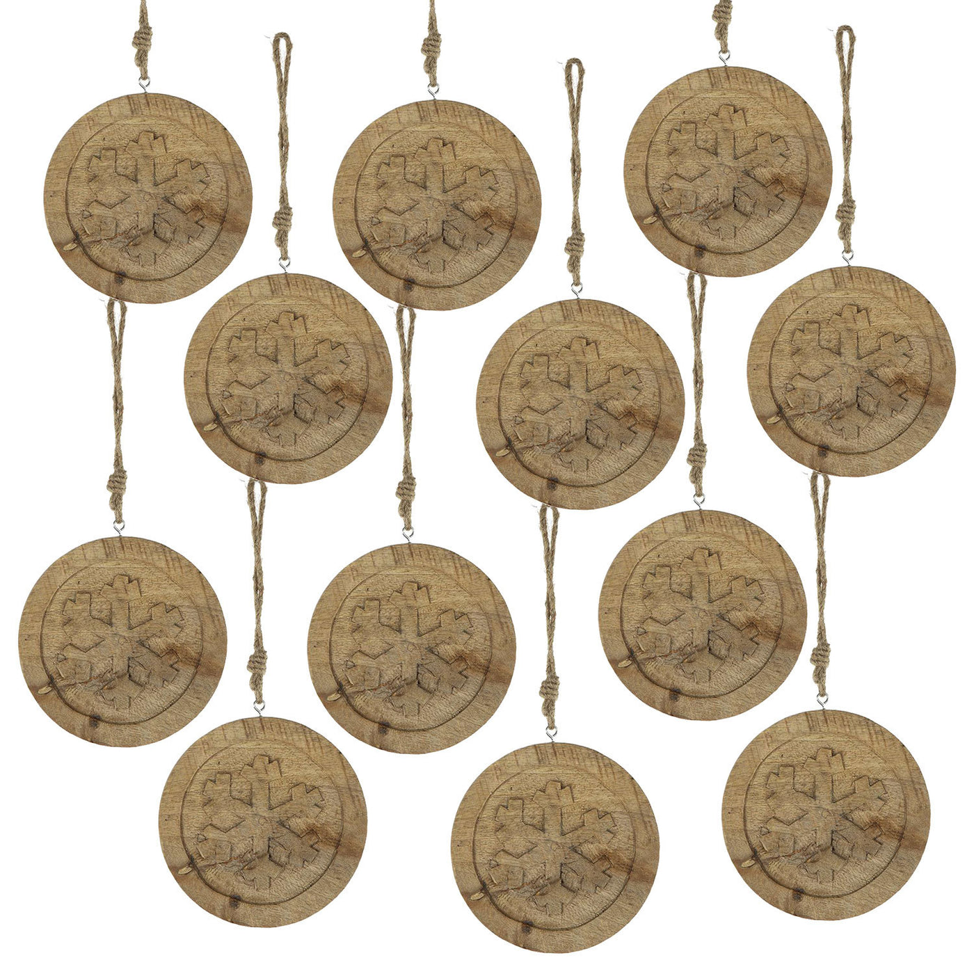 Wooden Hanging Circle Snowflake Christmas Ornaments Set 12
