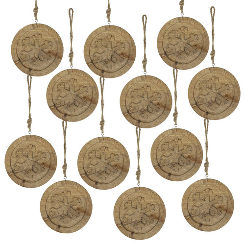 Wooden Hanging Circle Snowflake Christmas Ornaments Set 12