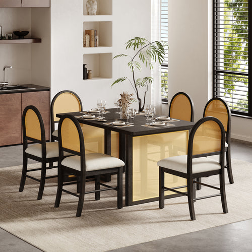 7-Piece Farmhouse Dining Table Set for 6, 59.8 in Rectangular Table with Rattan Chairs