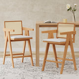 27' Height, Cream Woven Cane Plastic Backrest Bar Stool - Foam-Padded Fabric Seat & Durable Rubberwood Frame