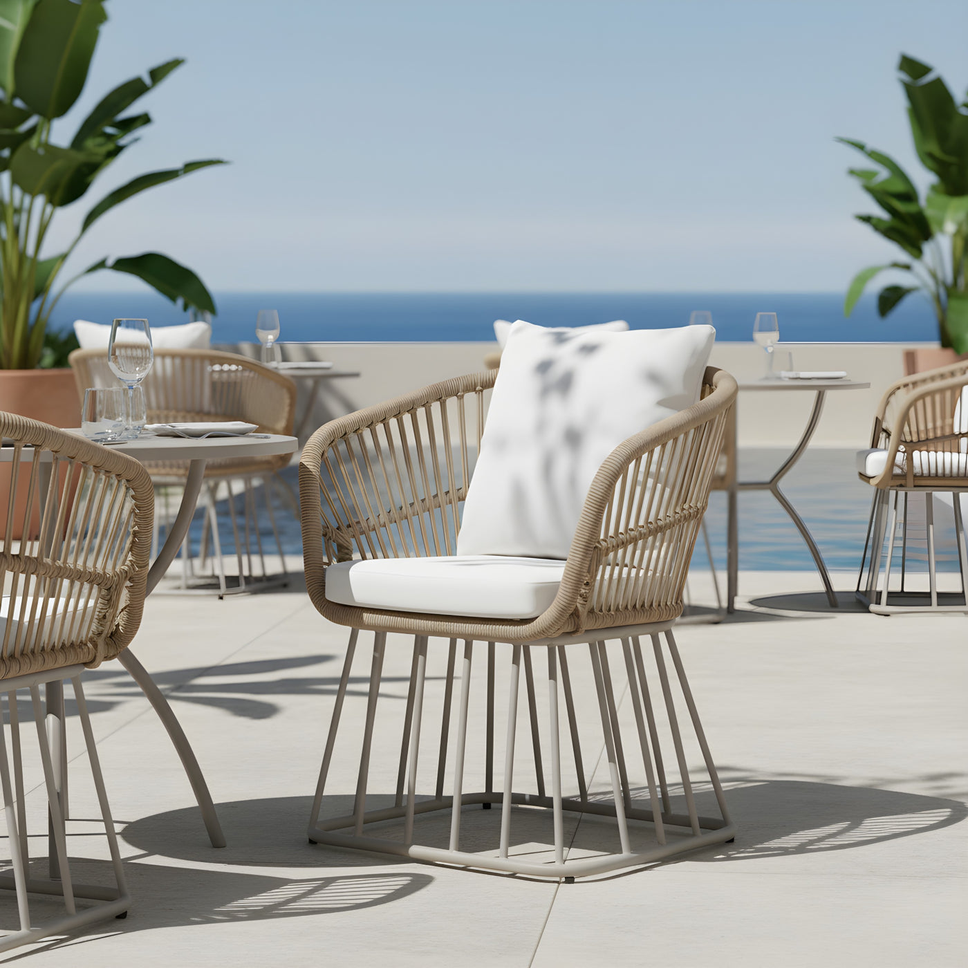 Outdoor Dining Chair Teak Wicker Beige Steel 300LBS