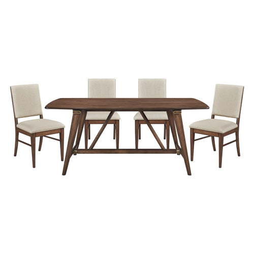 5pc Dining Set Table 4 Fabric Chairs Brown Wood Kitchen Furniture