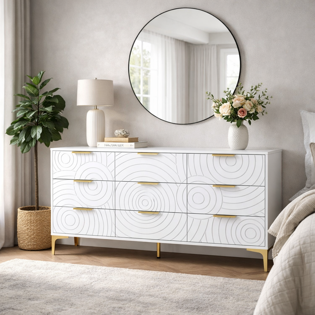 9 Drawer White Wooden Dresser Chest with Metal Handles