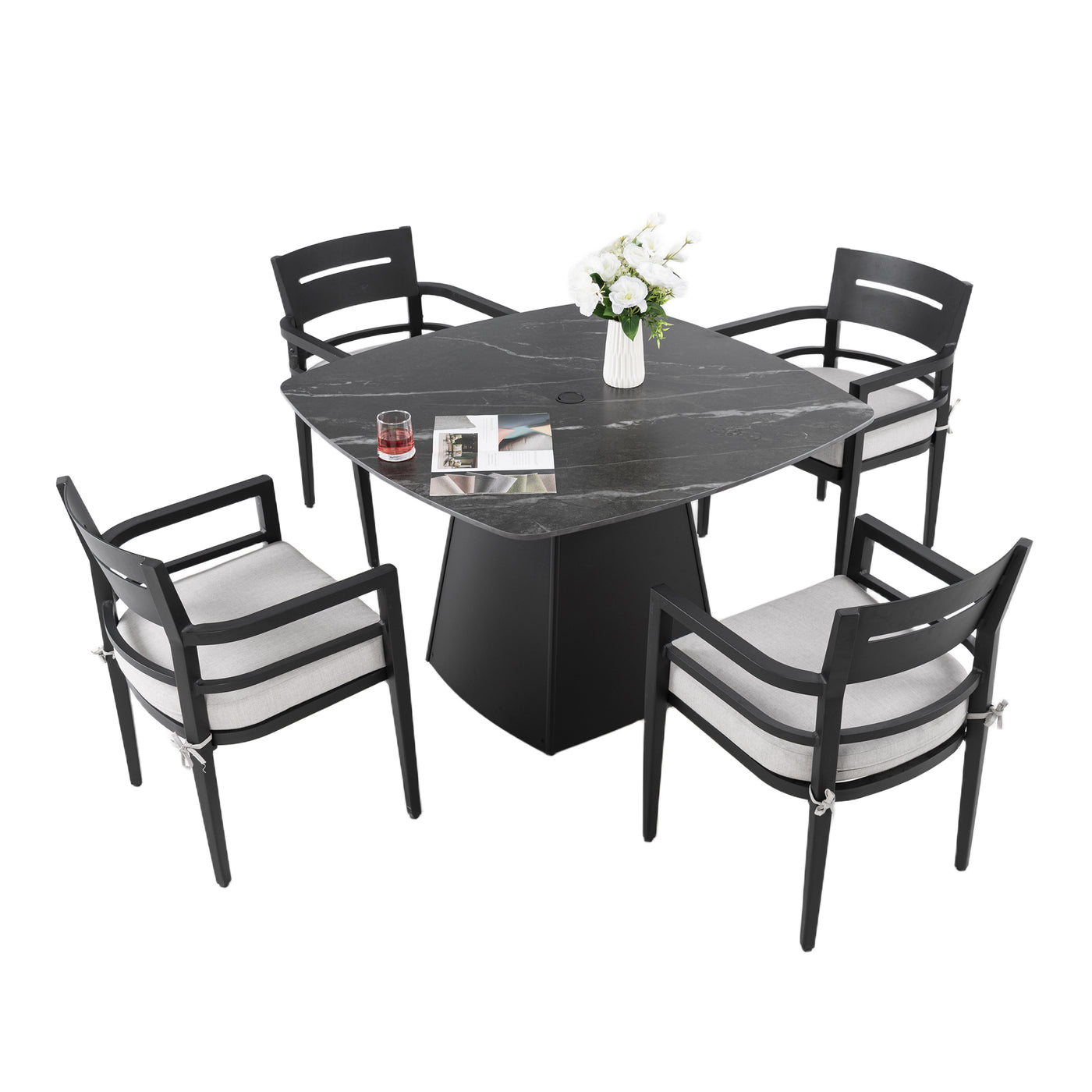 5-Piece Outdoor Dining Set 44" Sintered Stone Table Armchairs