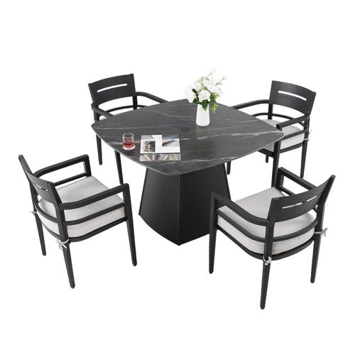 5-Piece Outdoor Dining Set 44" Sintered Stone Table Armchairs