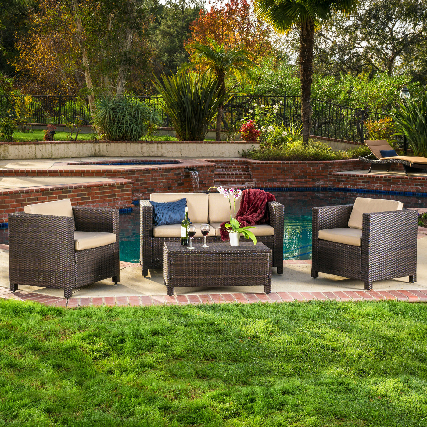 Outdoor Patio Set PE Rattan Dark Brown 4 Piece Loveseat Chairs Coffee Table