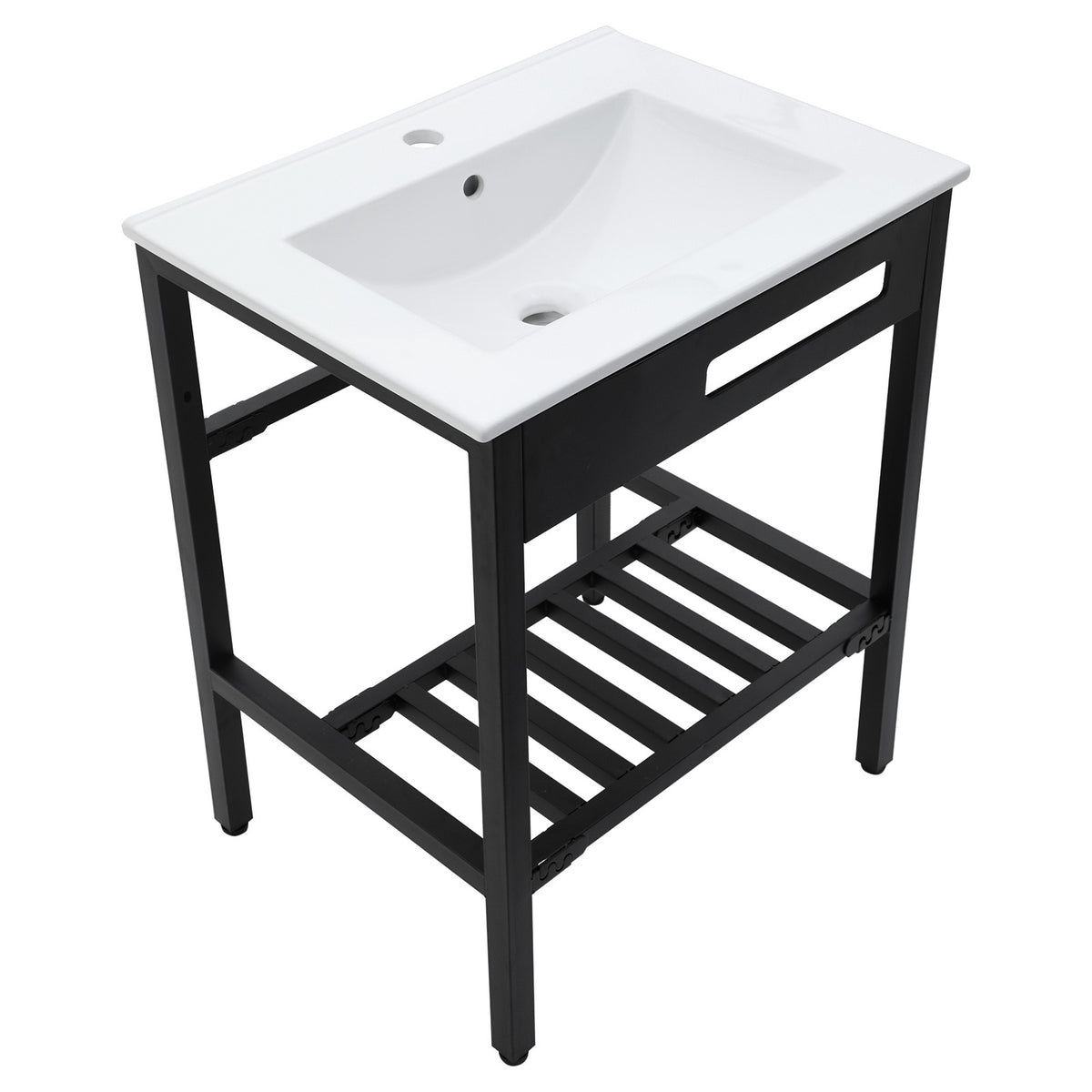 White Ceramic Console Sink with Black Legs, 24' x 18', Durable Porcelain with St