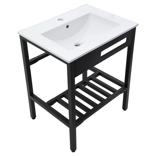 White Ceramic Console Sink with Black Legs, 24' x 18', Durable Porcelain with St