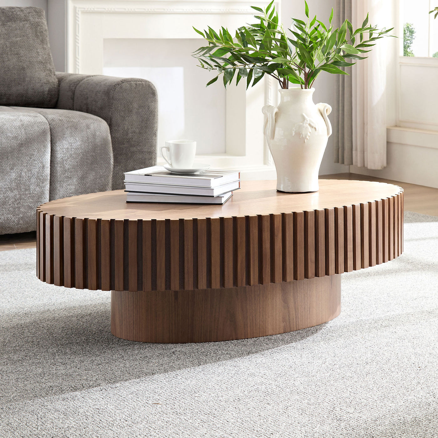 Walnut Oval Coffee Table 43.7" Ellipse Pedestal Base