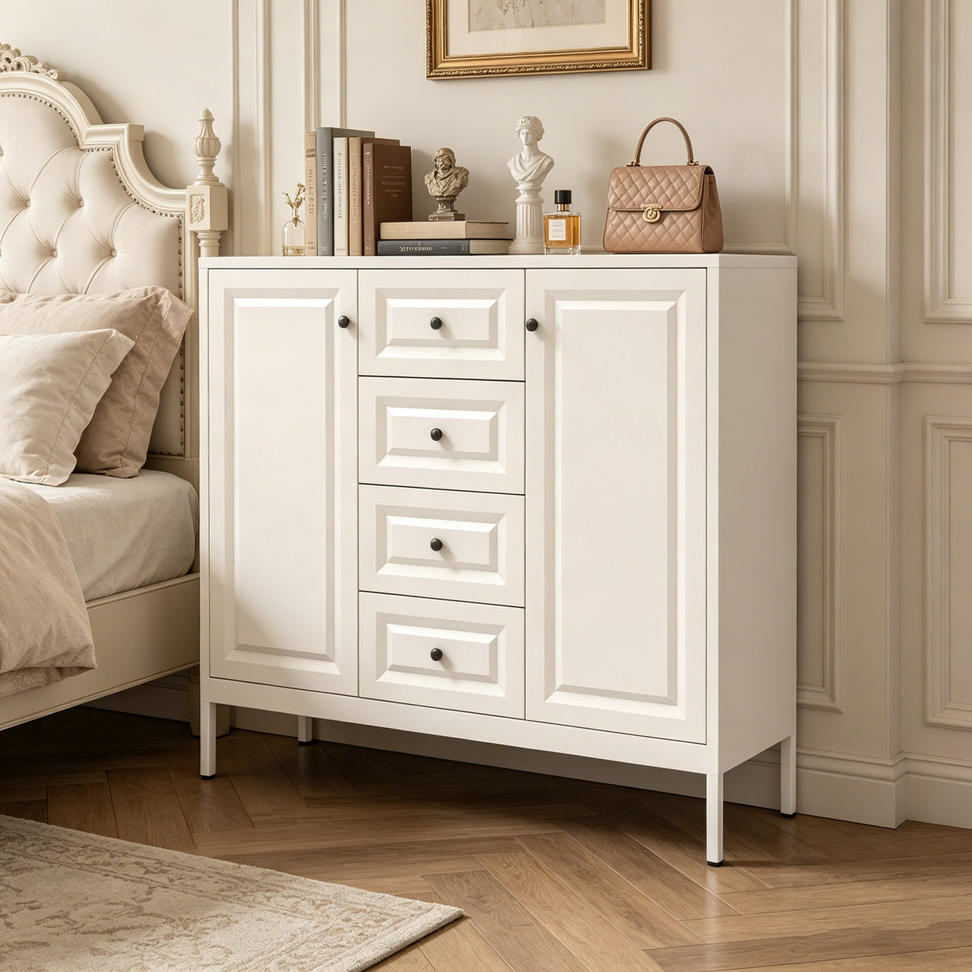40.16" Beige Storage Sideboard Buffet Cabinet 4 Drawers 2 Doors