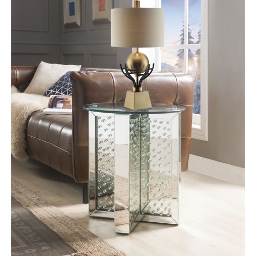 Round End Table - Mirrored - Faux Crystal Inlay - Tempered Glass Top