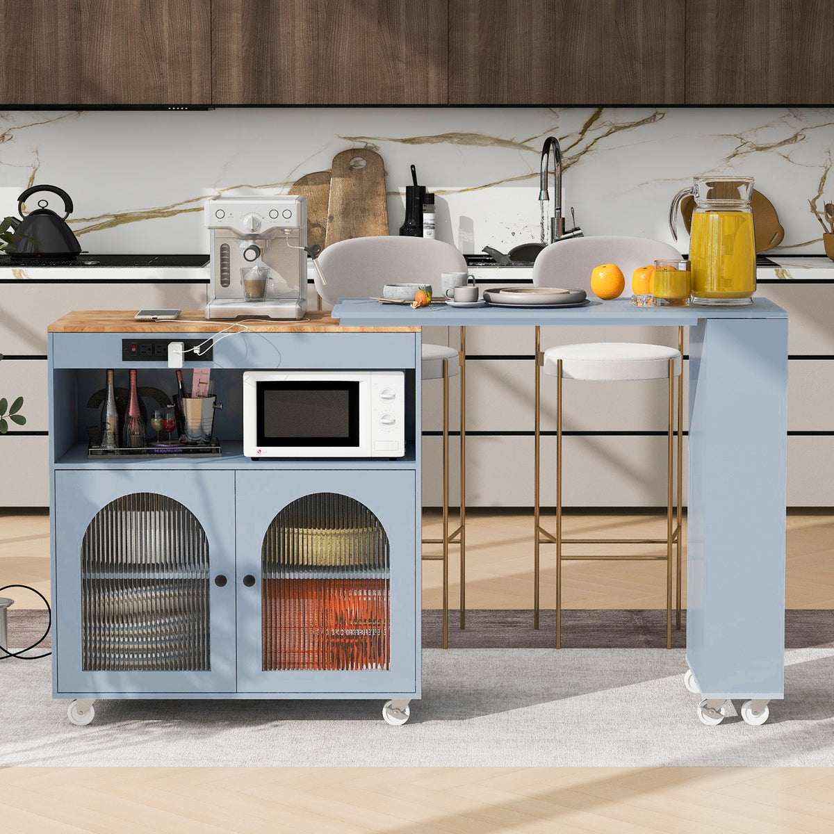 K&K Rolling Kitchen Island With Extended Table, Kitchen Island on Wheels with LE
