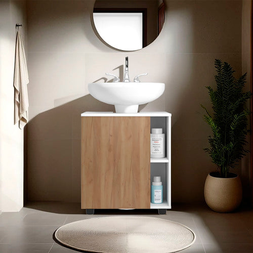 Under Sink Bathroom Cabinet with Side Shelves, White and Oak