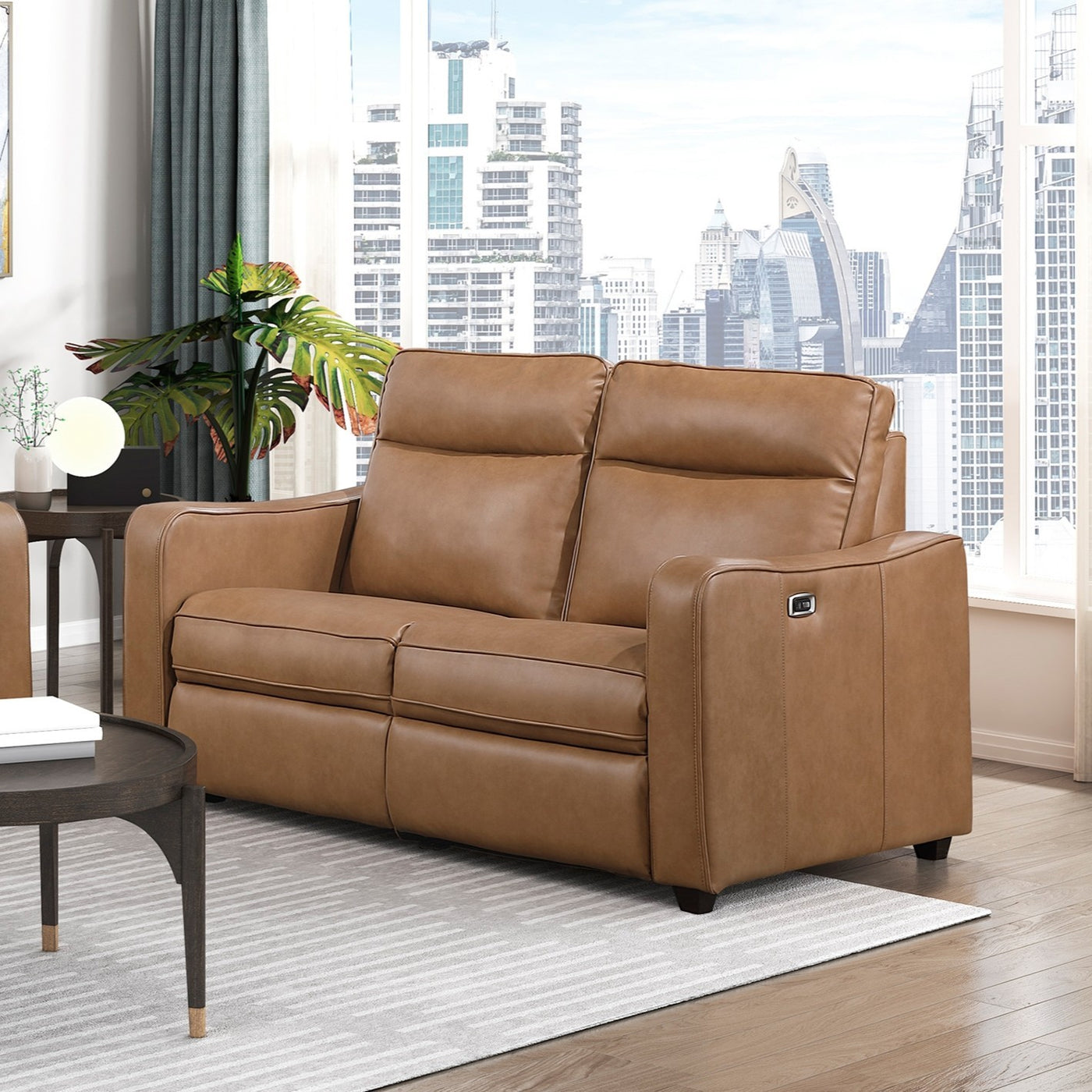 Modern Power Recliner Loveseat Brown Faux Leather USB Ports
