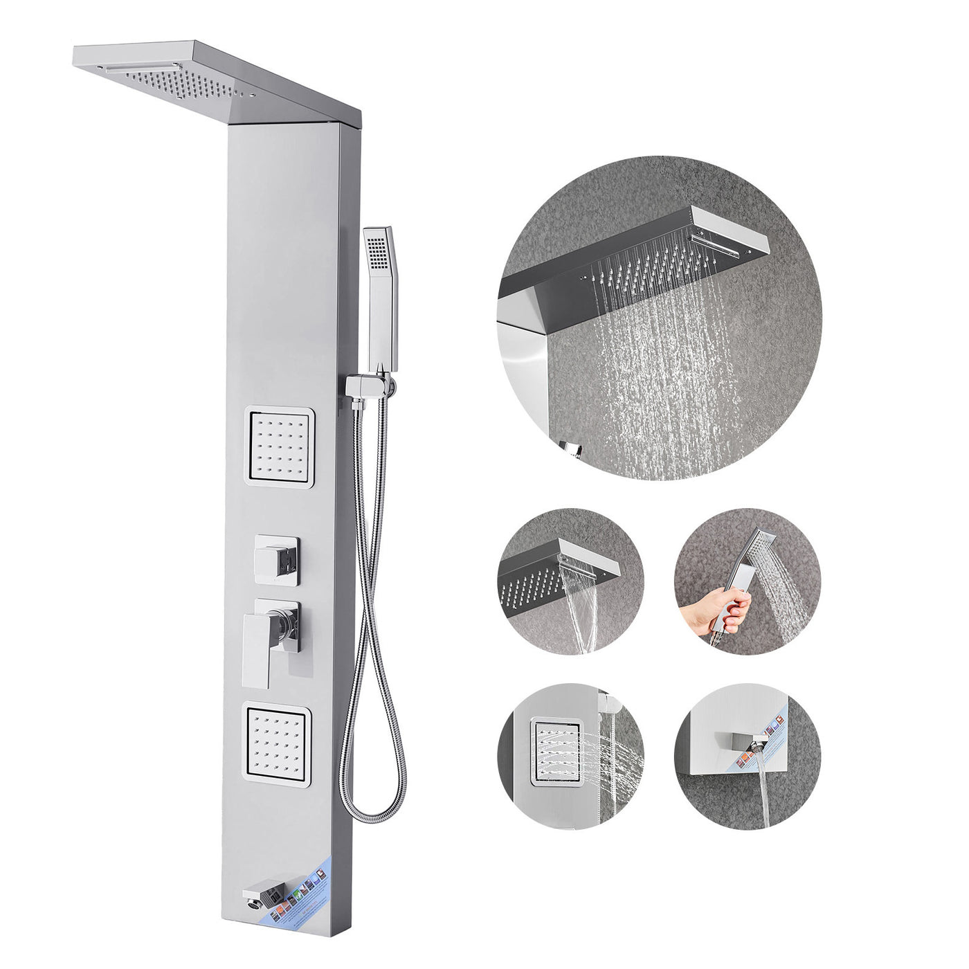 Stainless Steel Shower Panel Tower System 5-Mode Rainfall Massage Jets