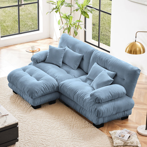 Sectional Sofa Cloud Chenille Blue 2 Seat Convertible Ottoman