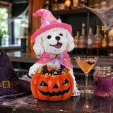 Halloween White Teddy Puppy Figurine, Witch Dog Holding Pumpkin Candy Bowl Decor