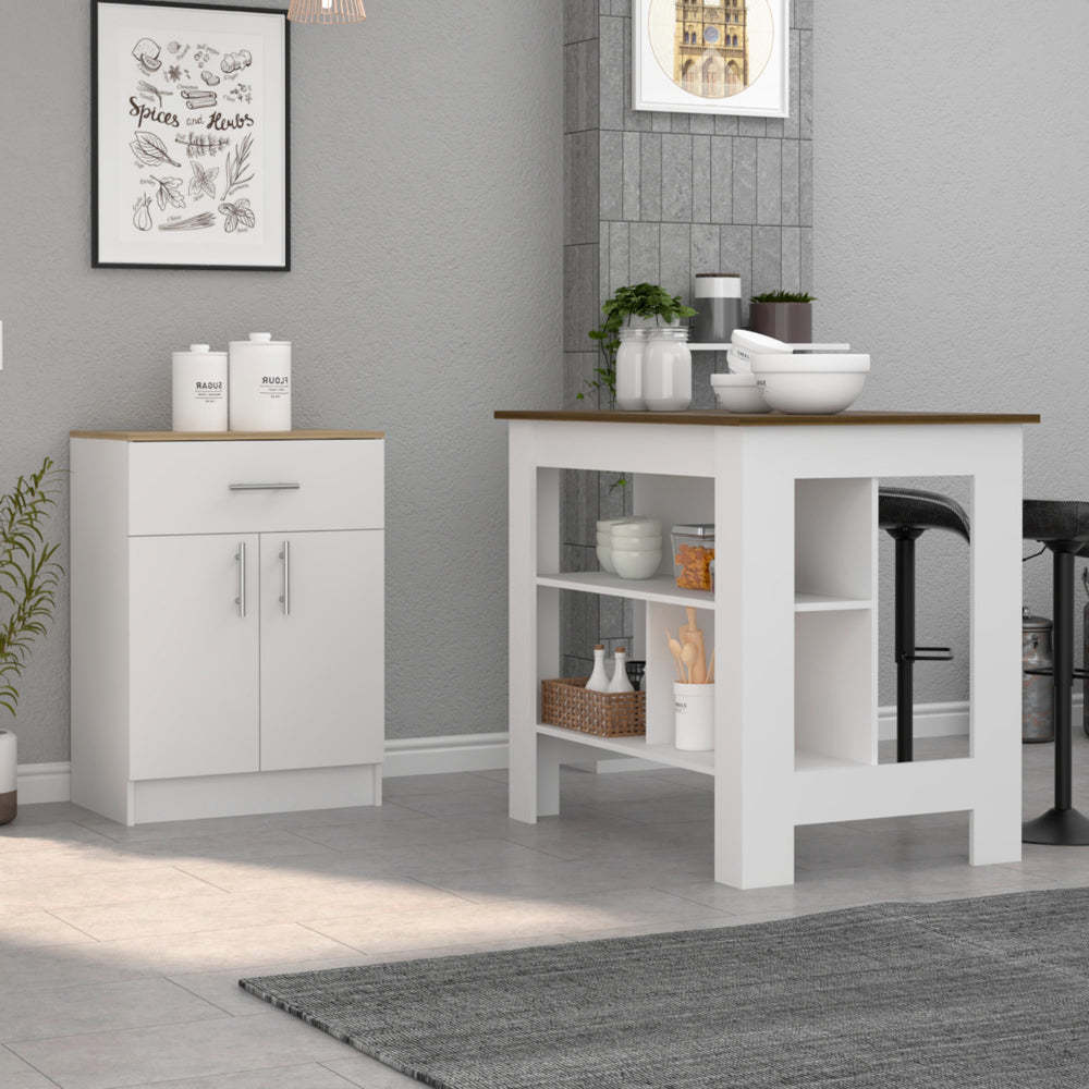 2 Piece Kitchen Island and Pantry Cabinet Set, White/Walnut/Light Oak