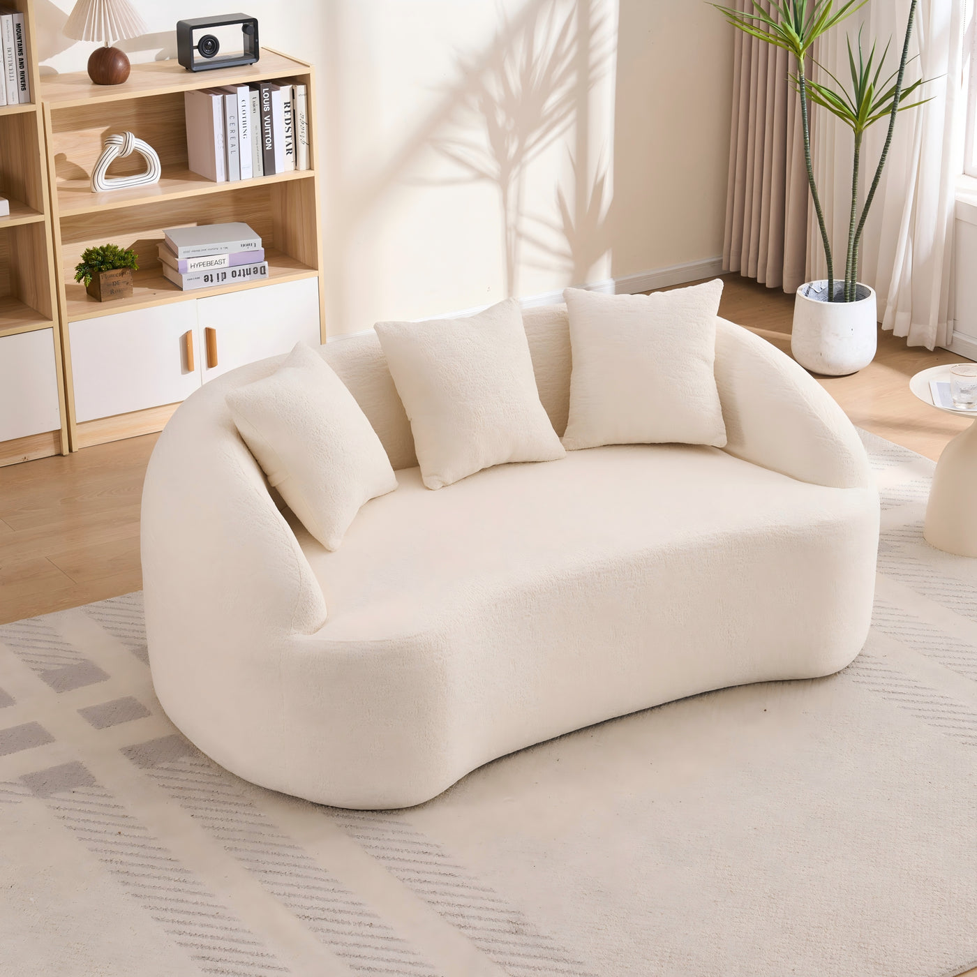 Loveseat Curved Modern Chenille Off-White 2 Seat 3 Pillows 65 In