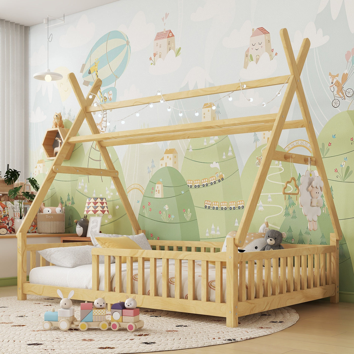 Kids House Bed with Fence and Roof, Natural Wood Low Floor