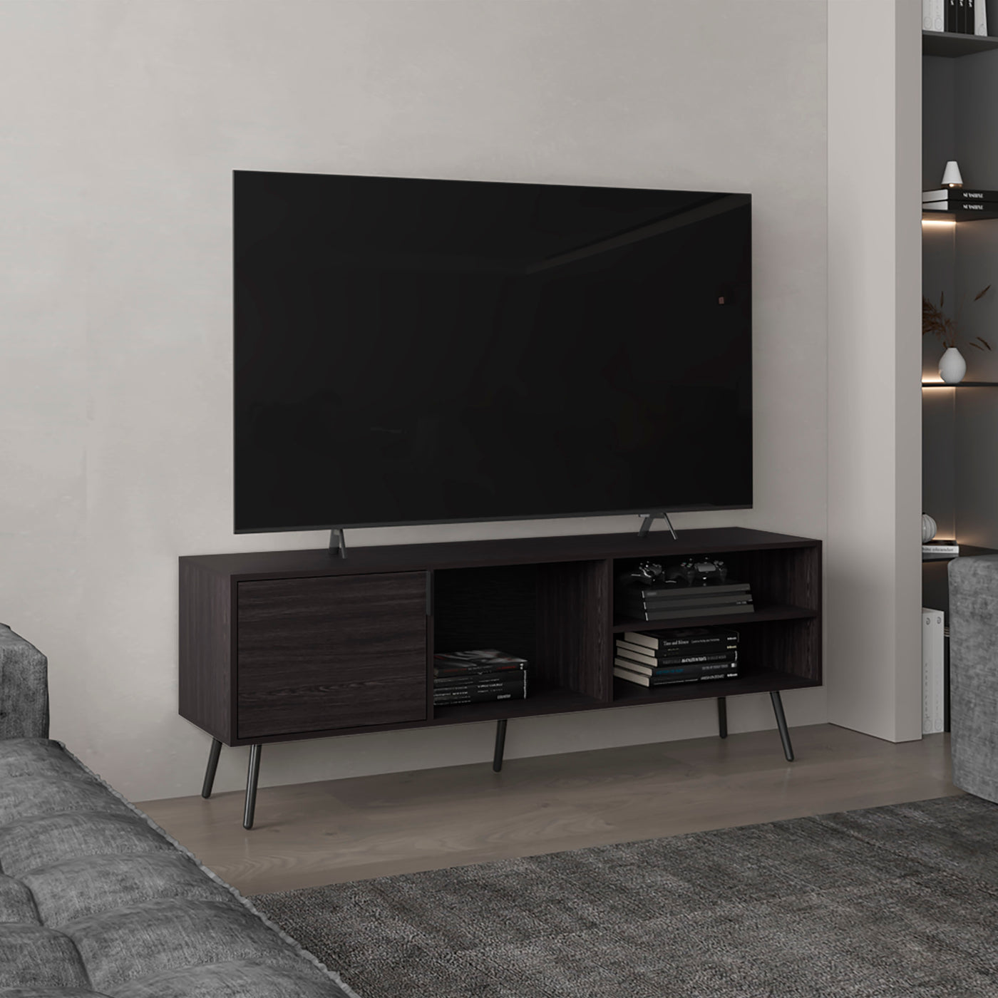 63" TV Stand with Cabinet and Open Shelves, Black Wengue