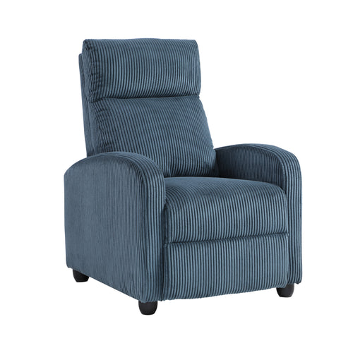 Blue Corduroy Push Back Recliner Chair Wood Living Room