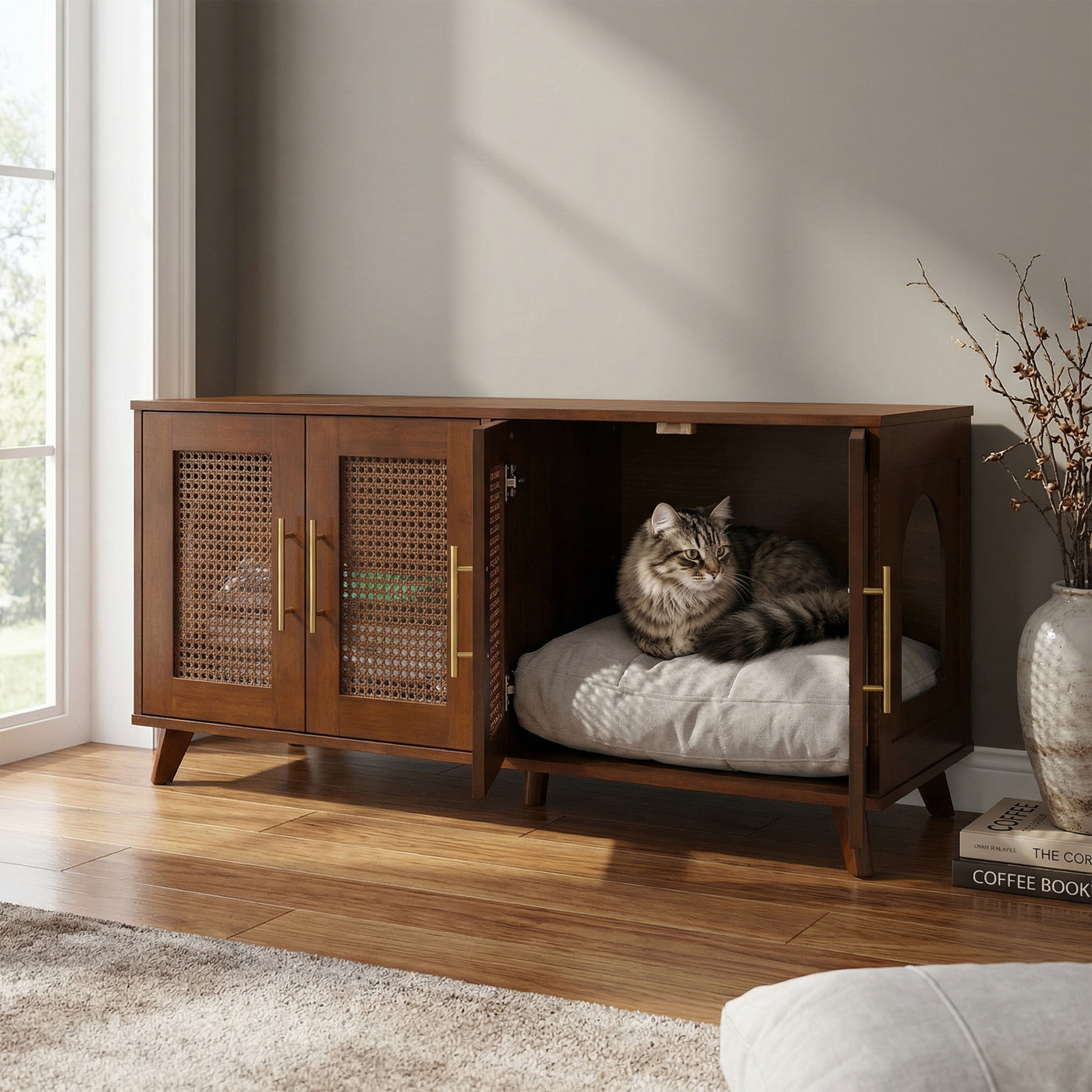 Myra Indoor Premium Rubber Wood Cat Cabinet with Cozy Cushion – Stylish Hidden Pet Furniture for Modern Living Spaces