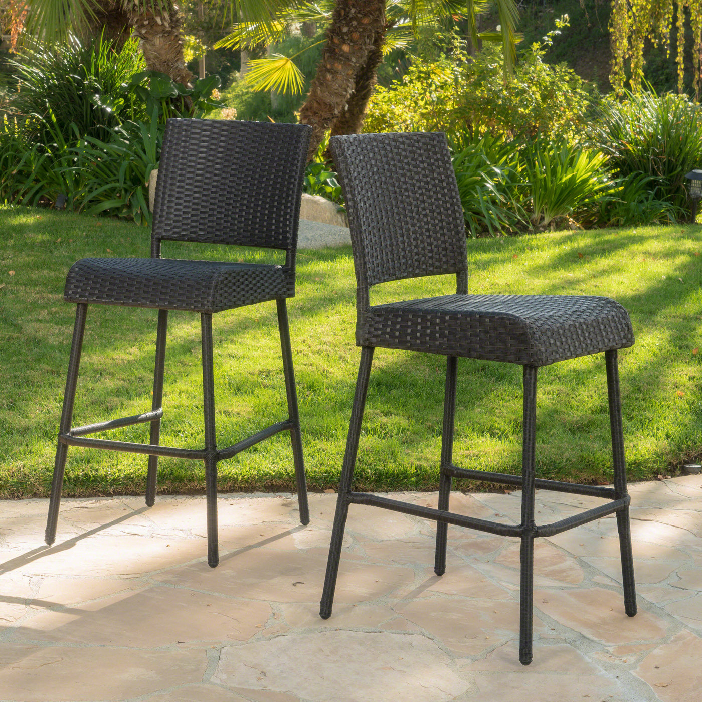 PE Rattan Armless Barstools Set of 2, Dark Brown, 29