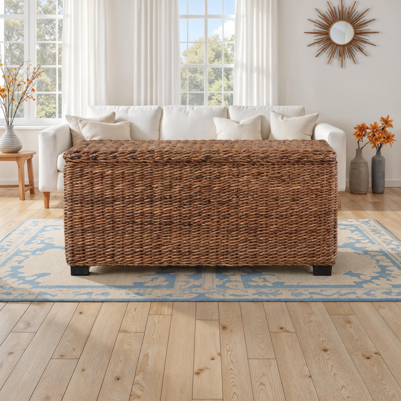 Woven Rattan Wicker Storage Trunk Banana Leaf Solid Wood