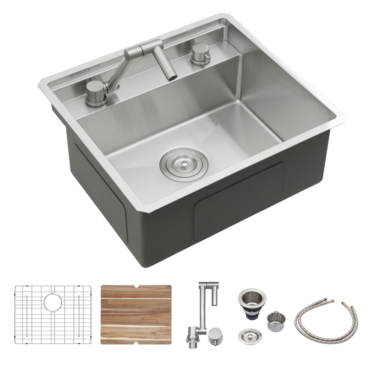 21 Inch Undermount Kitchen Sink with Folding Faucet and Cutting Board - Stainles