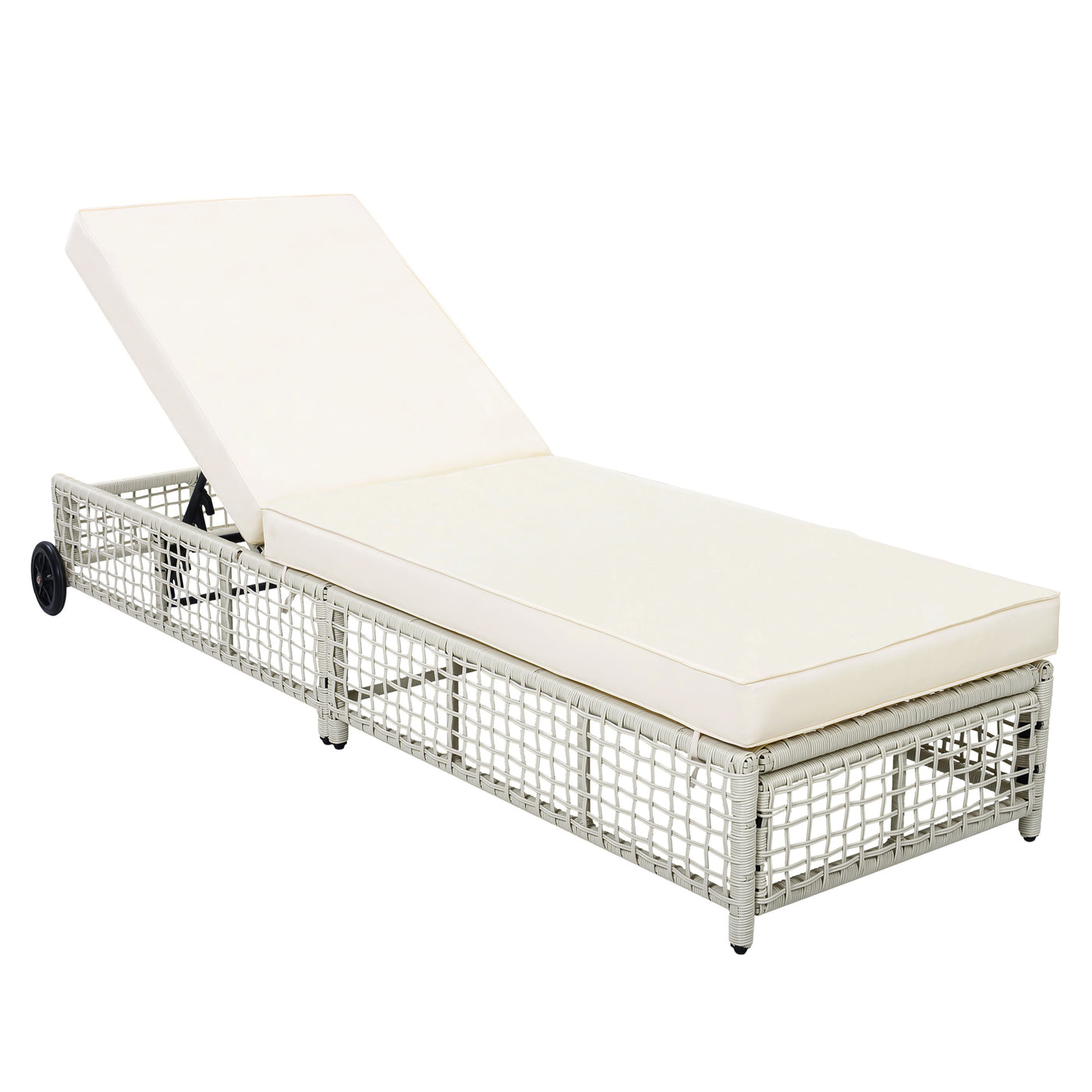TREXM Outdoor Lounge Chair, 5-Position Adjustable Rattan Chaise with Cushion and Wheels in Beige + Creamy White, PE Rattan Frame with Iron Reinforcement