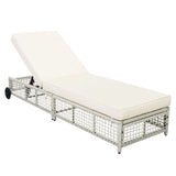 TREXM Outdoor Lounge Chair, 5-Position Adjustable Rattan Chaise with Cushion and Wheels in Beige + Creamy White, PE Rattan Frame with Iron Reinforcement