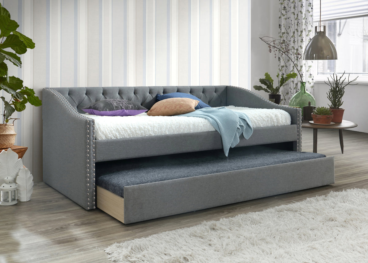 Daybed with Trundle Solid Wood Sleeper Tufted Gray