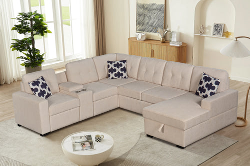 L-Shaped Sectional Sofa with Storage and Cup Holders