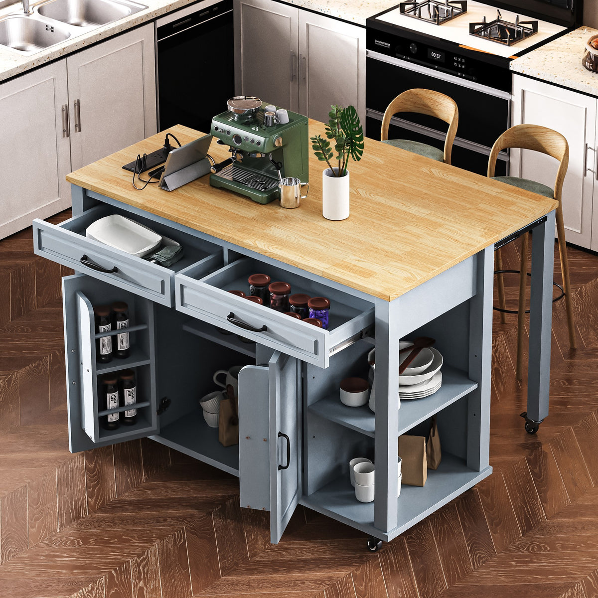 K&K 47 inch Kitchen Island with Extendable Dining Table, Rubber Wood Veneer Kitc