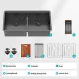 Double Bowl (50/50) Undermount Kitchen Sink- 36"x19"x10" Gunmetal Black 16 Gauge
