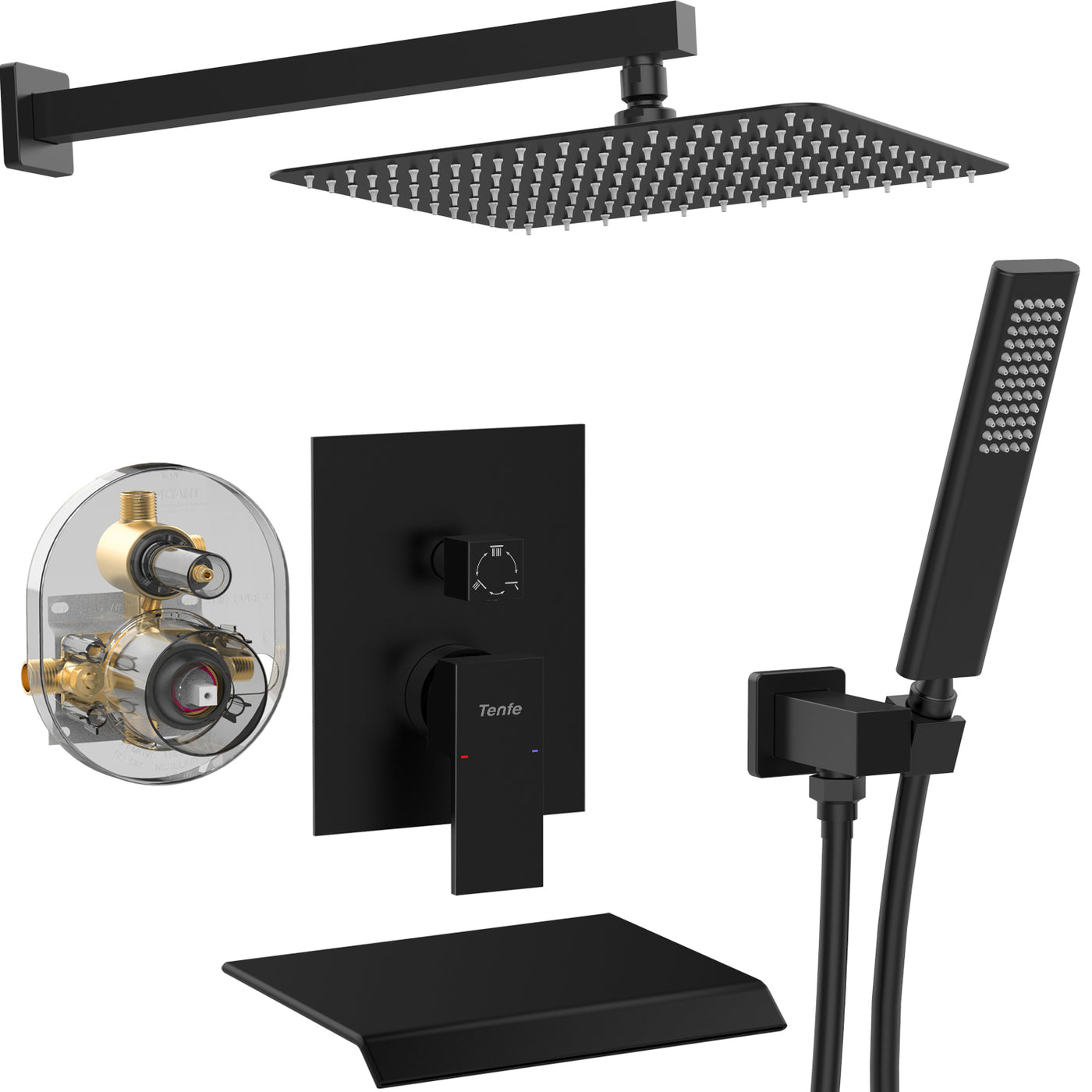 12" Matte Black Wall Mount Shower System Rain Head Handheld