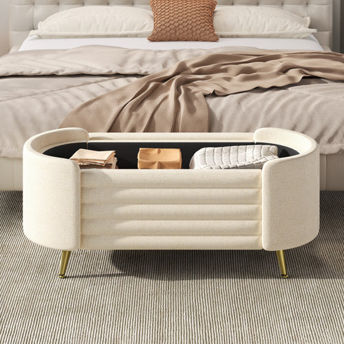 Storage Ottoman Oval Chenille Beige Metal Legs Hidden Storage 44.9x18x18 In