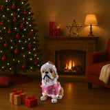 Christmas Pug Statue, Holiday Dog Figurine in Pink Santa Outfit