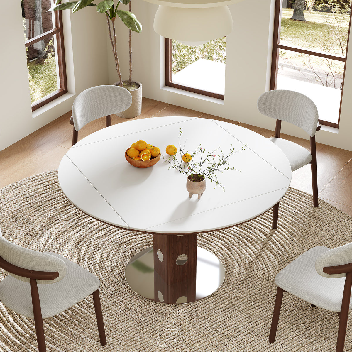 Round Stone Dining Table Extendable White/Walnut 47"