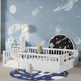 Montessori Floor Bed Frame with Storage Shelf and Light, White