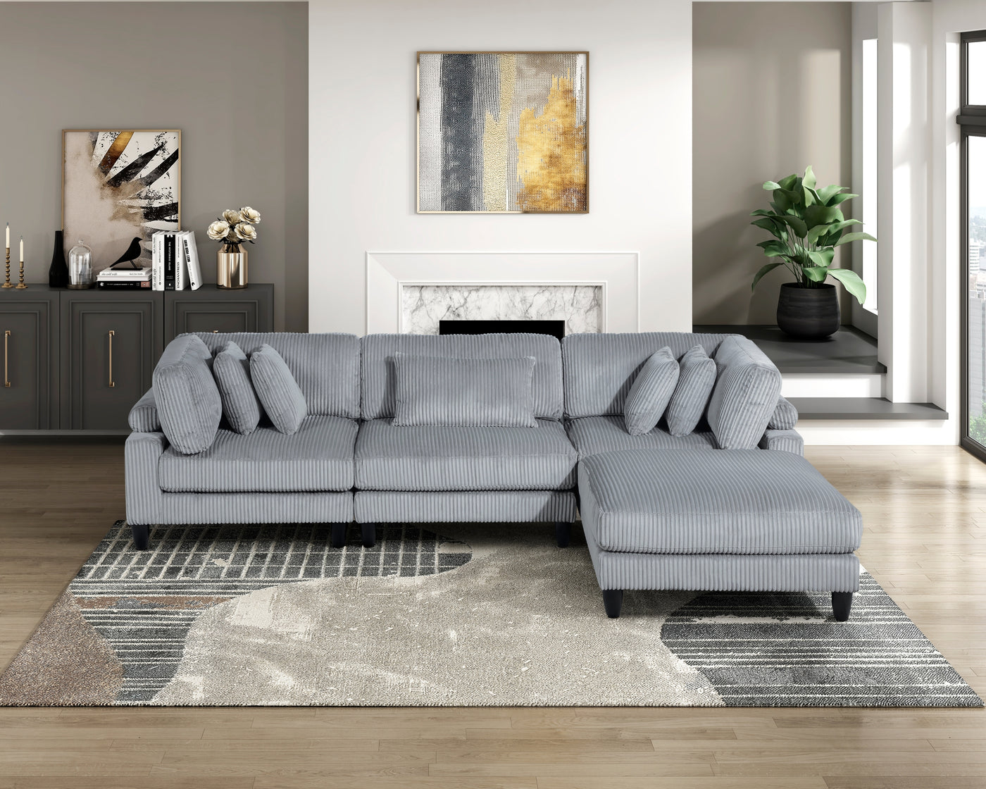 4-Piece Gray Corduroy Modular Sectional Sofa Soft Cushion