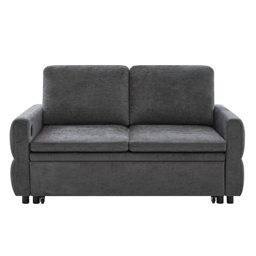 Convertible Sofa Bed 62.75' Loveseat with Adjustable Backrest, USB Ports, Grey Chenille Upholstery