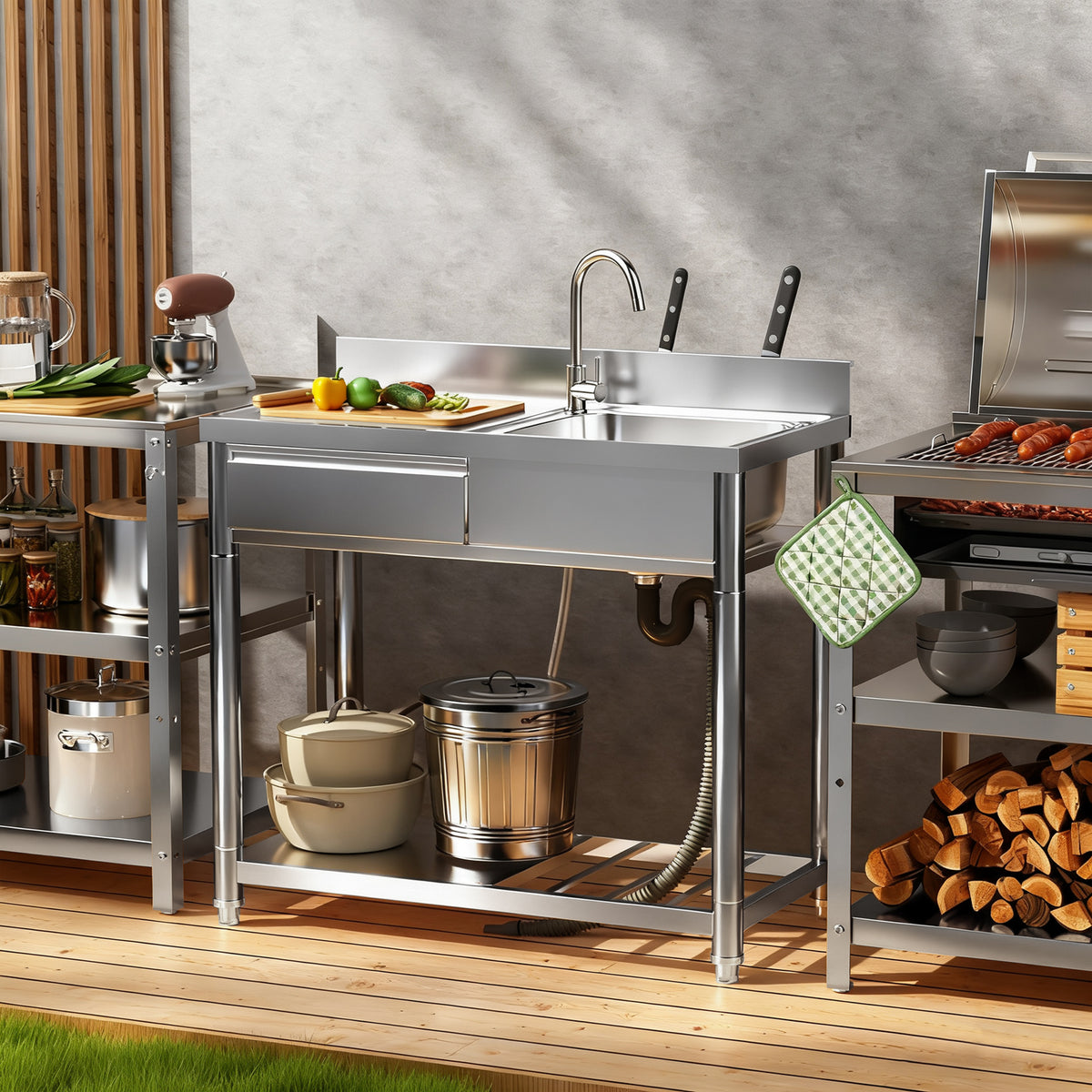 304 Stainless Steel Outdoor Utility Sink with Workbench & Storage Shelf